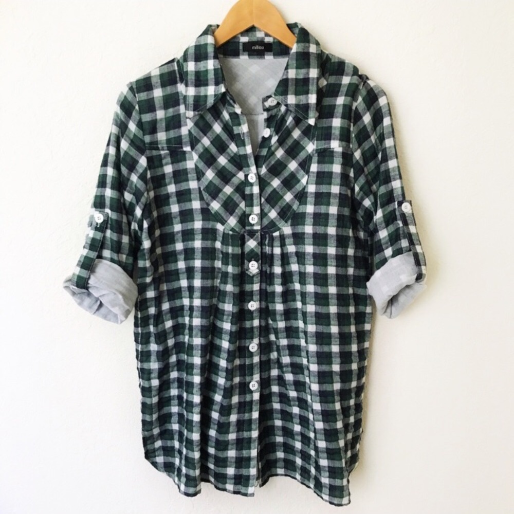 LF Millau Green Blue White Plaid Button Down Top M